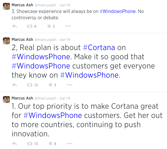 Algunos tweets de Marcus Ash sobre el futuro de Cortana.
