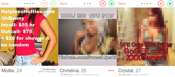 Perfiles que ofrecen falsos servicios de prostitución también están en Tinder.