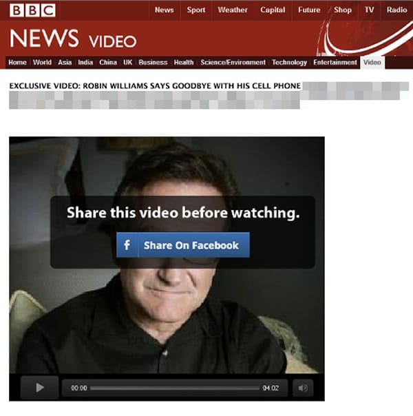 Así luce la falsa Web de la BBC que mostraría el supuesto clip de Robin Williams.