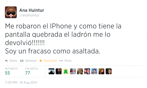 Pantalla rota: @AnaHuintur contando su experiencia por Twitter.