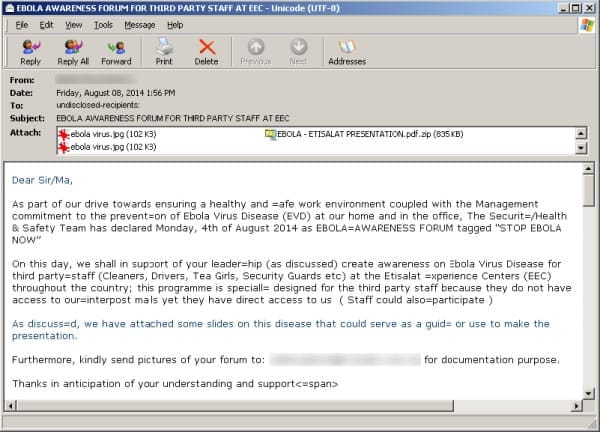 Falsos correos que relatan sobre el virus del Ébola, son utilizados como carnada.