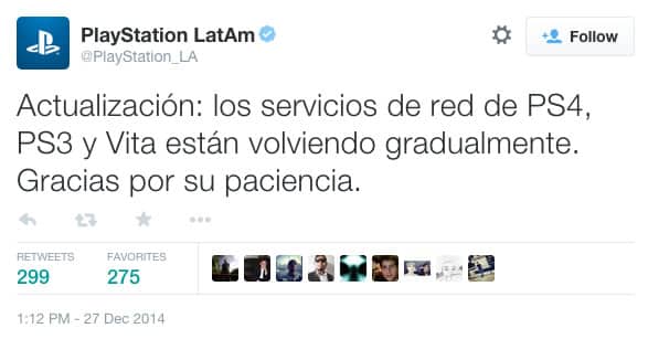 PlayStation comunicando sobre la actual situación de los servicios PlayStation Network.