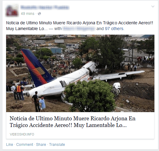Así luce el falso mensaje que anuncia la muerte de Ricardo Arjona.
