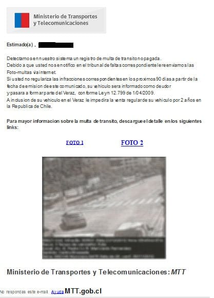 Así luce el falso correo con las supuestas infracciones de tránsito.