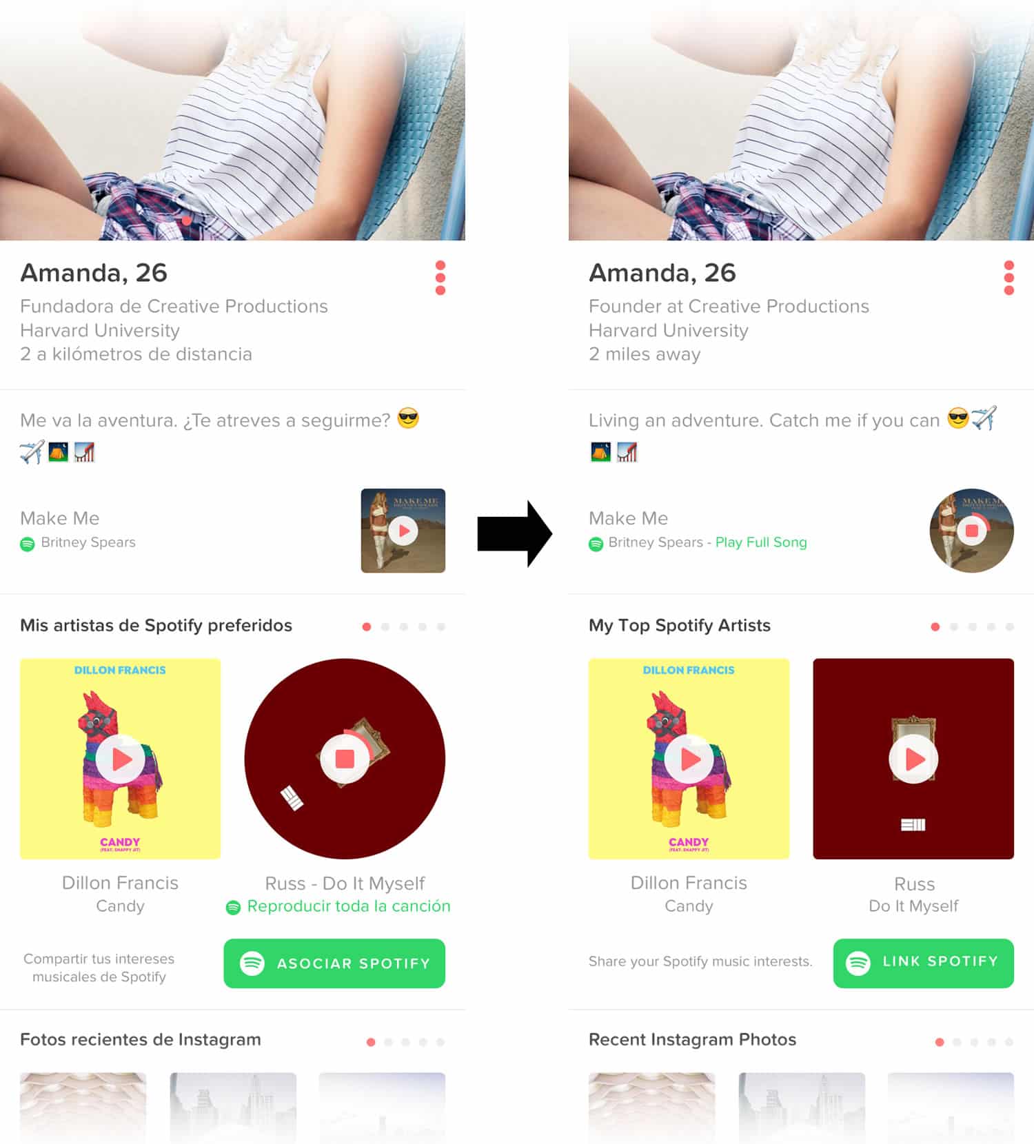 Reproduciendo una canción de Spotify en Tinder.
